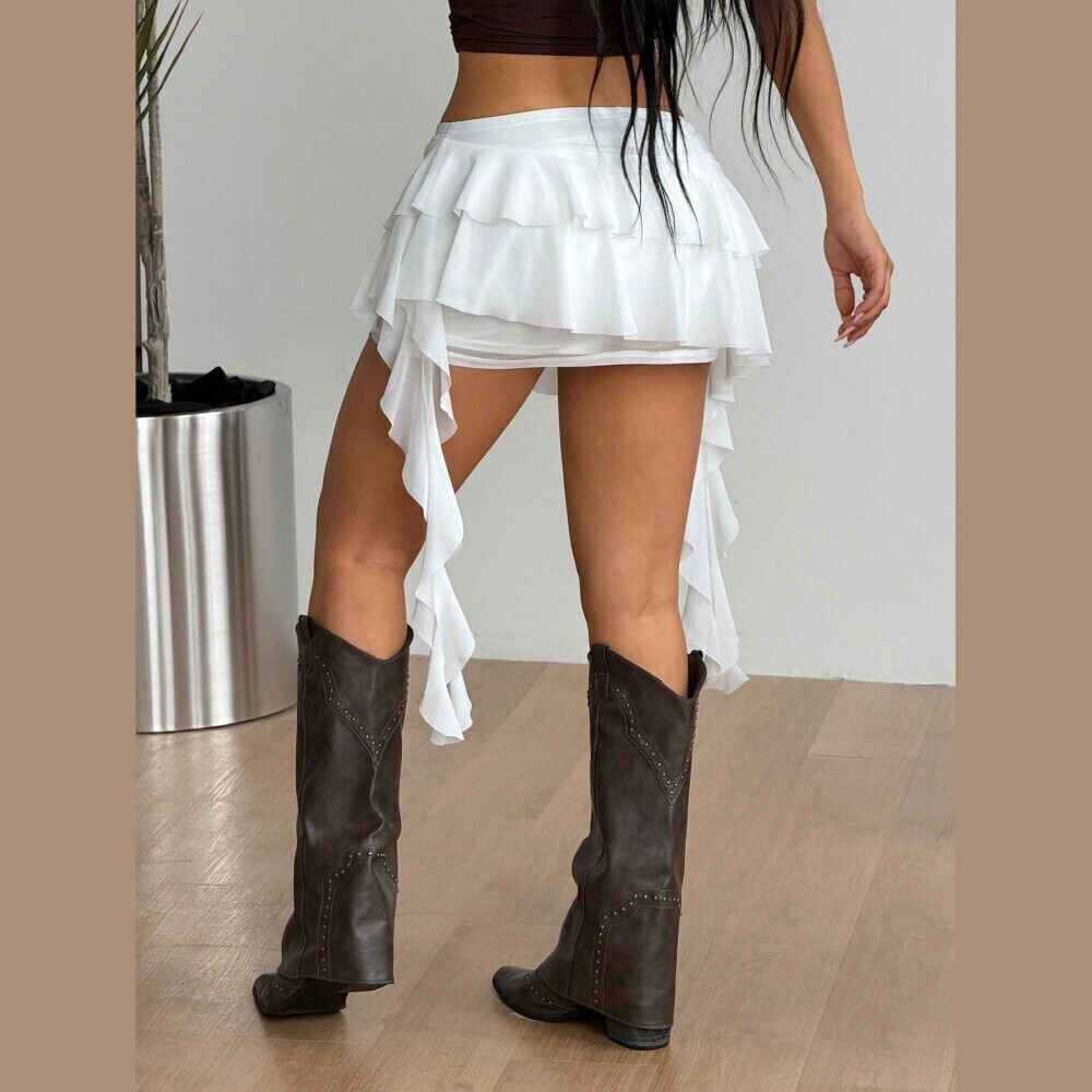 White Mesh Ruffled High-Low Mini Skirt - Picture 6 of 6